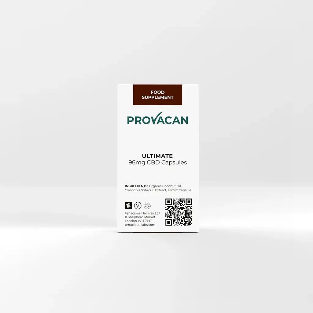 Back of Provacan Complete 24mg CBD Capsules box with nutritional information and ingredients. 
Ingredients: Organic Coconut Oil, Cannabis Sativa L. Extract, HPMC Capsule